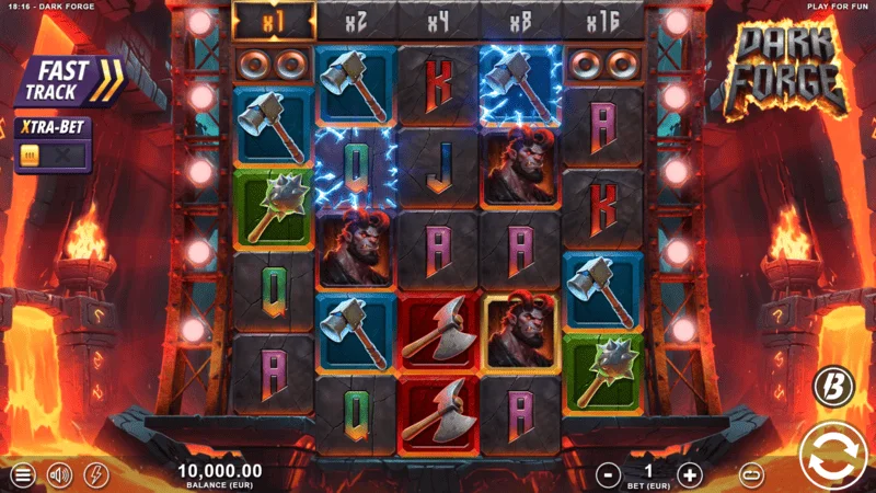 Dark Forge - skrin permainan utama dengan grid 4-5-5-5-4